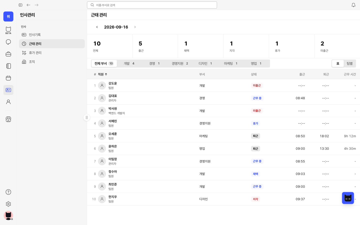 위팀 출퇴근기록 화면. 모바일에서 출퇴근을 기록하고, 사무실·재택 근무 이력을 확인해요. 관리자는 웹에서 팀의 근태 현황과 수정 요청을 살펴봐요.