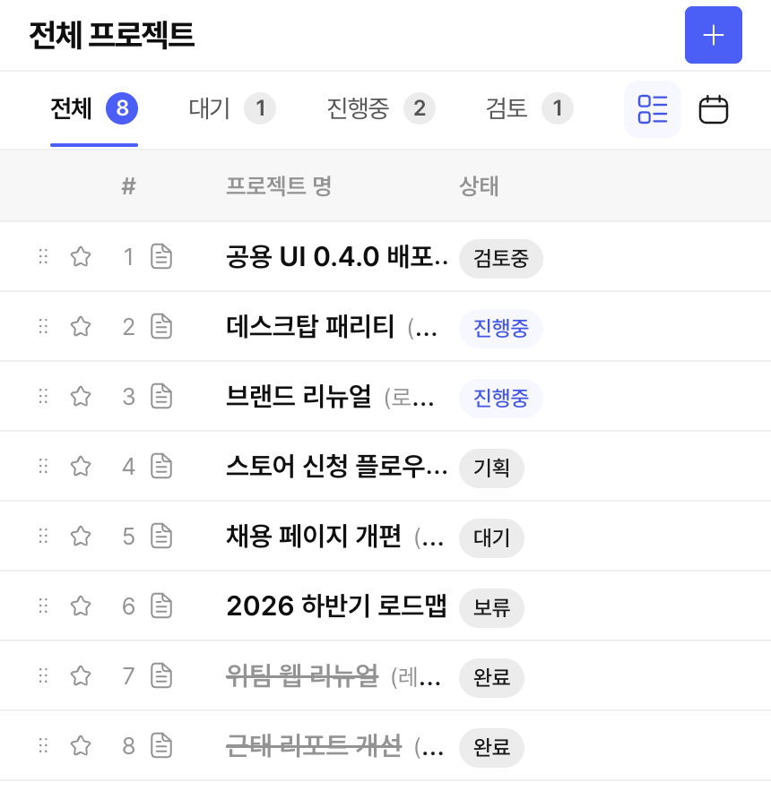 위팀 프로젝트 화면. 팀과 일정을 정하고, 작업·자료·진행 상황을 프로젝트 한곳에 모아요.
